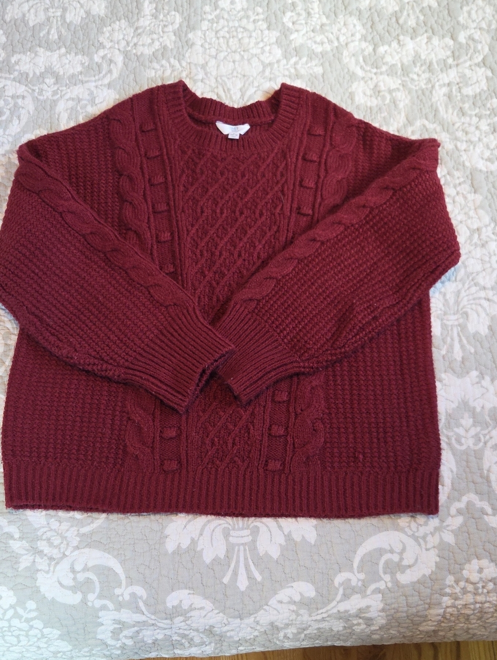 Time and Tru Cable Knit Crew Sweater - Burgundy